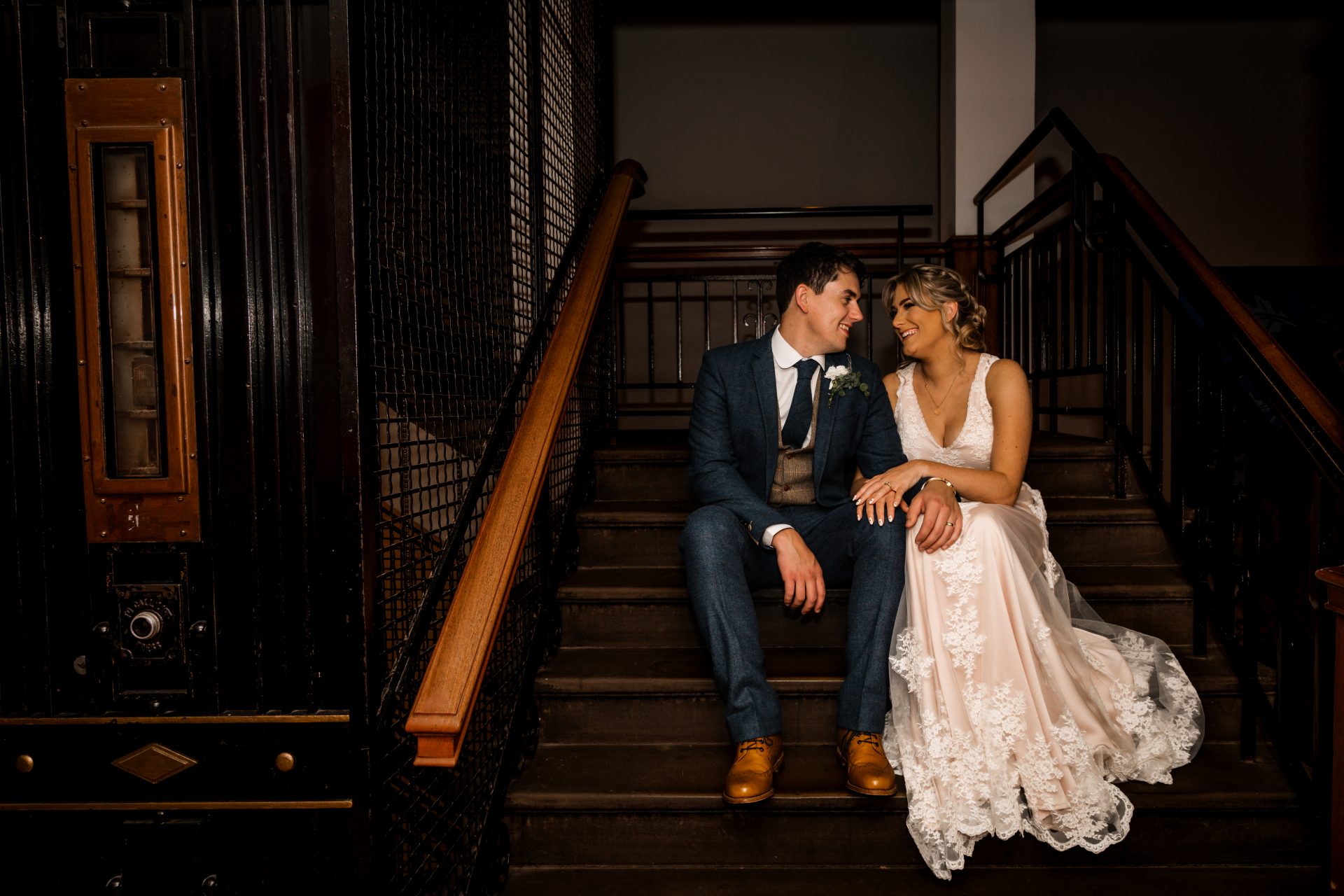 Isabelle Biggs Photography - Anne & Daniel on the stairs in The Tetley