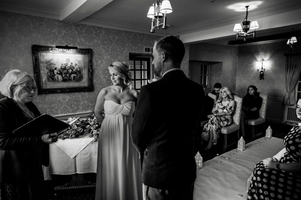 Bride & Groom during their wedding ceremony at their micro wedding at The Cavendish Hotel