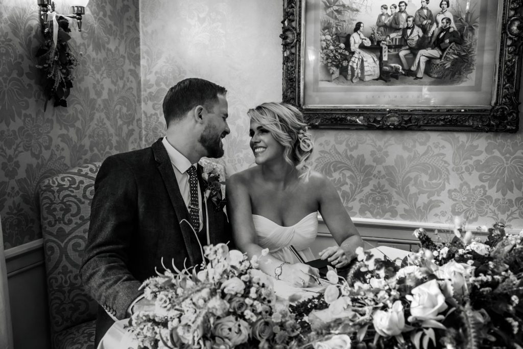 Newly married Bride & Groom at the end of their wedding ceremony at their micro wedding at The Cavendish Hotel