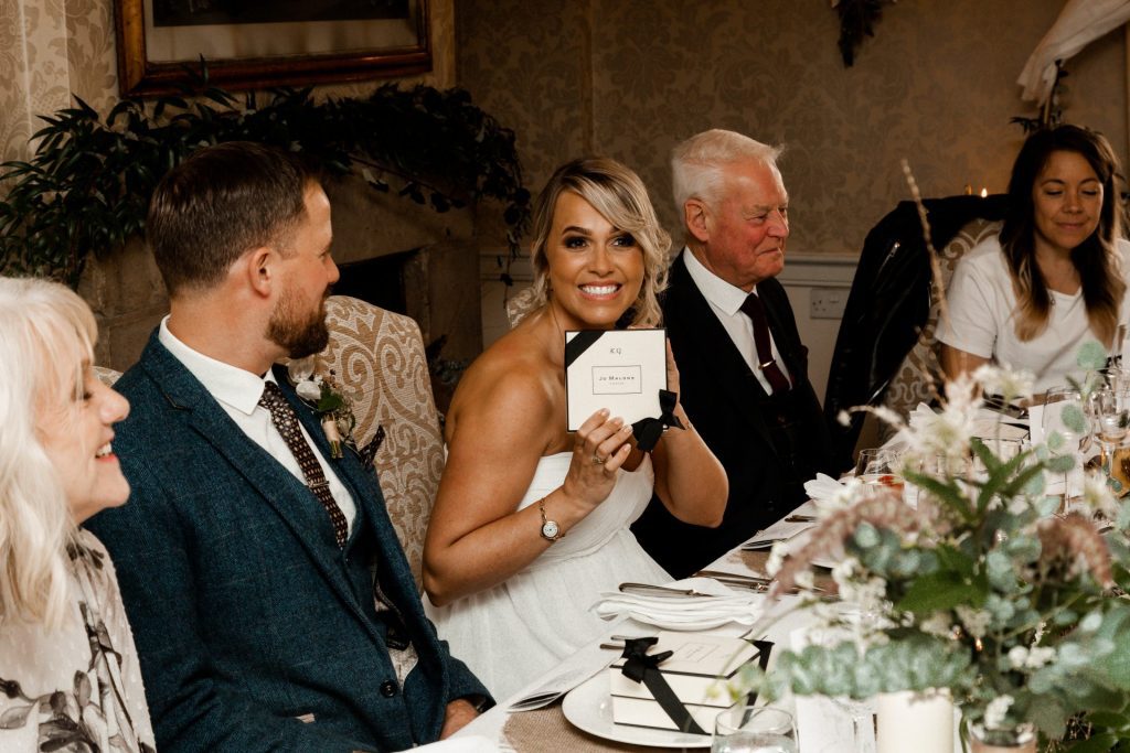 Bride guests reacting to wedding favours at Katie & Paul's Micro wedding at The Cavendish Hotel
