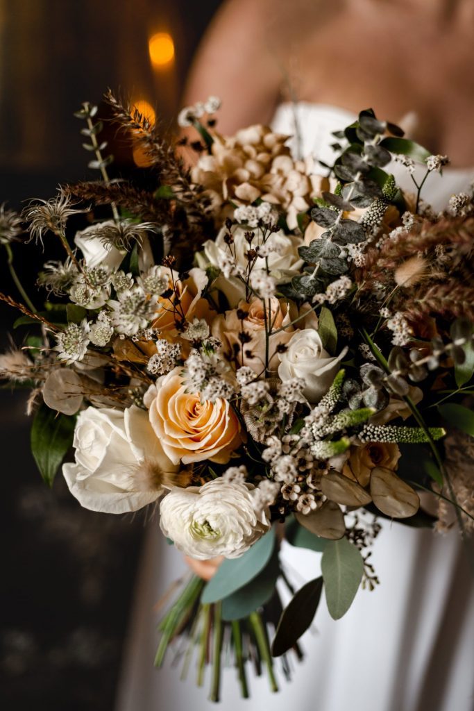 Detail photo of the wedding flowers at a micro wedding at The Cavendish Hotel