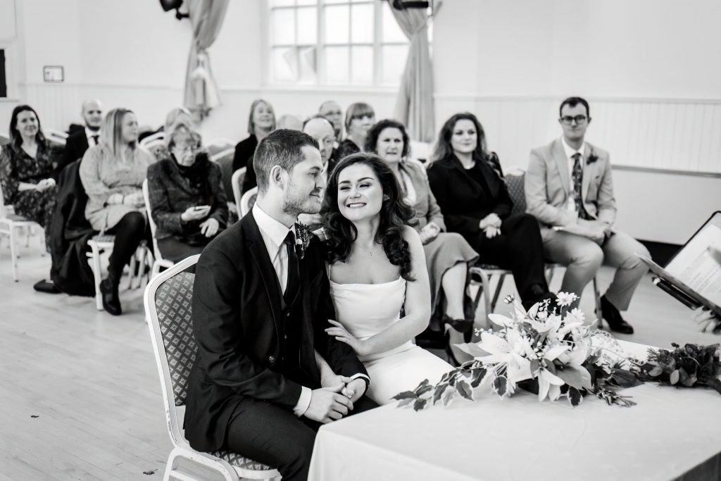 Wedding Ceremony of Esme & James at the Bakewell Town. Photo in black & white