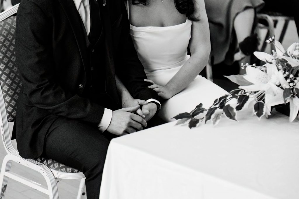 Wedding Ceremony of Esme & James at the Bakewell Town. Photo in black & white