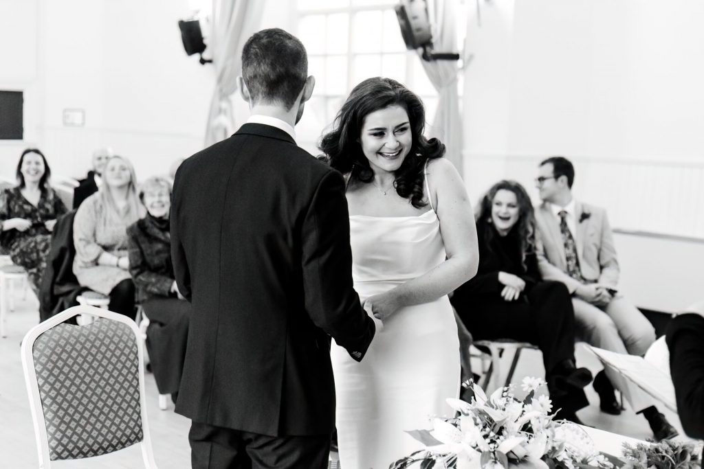 Wedding Ceremony of Esme & James at the Bakewell Town. Photo in black & white