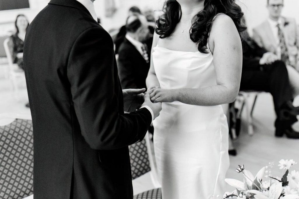 Wedding Ceremony of Esme & James at the Bakewell Town. Photo in black & white