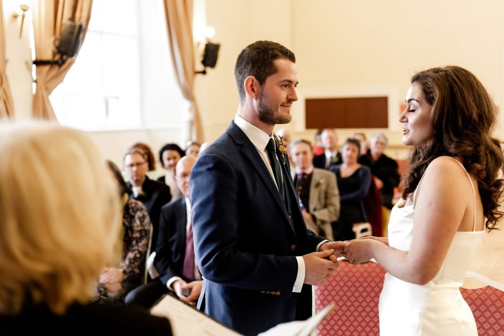 Wedding Ceremony of Esme & James at the Bakewell Town. Photo in colour