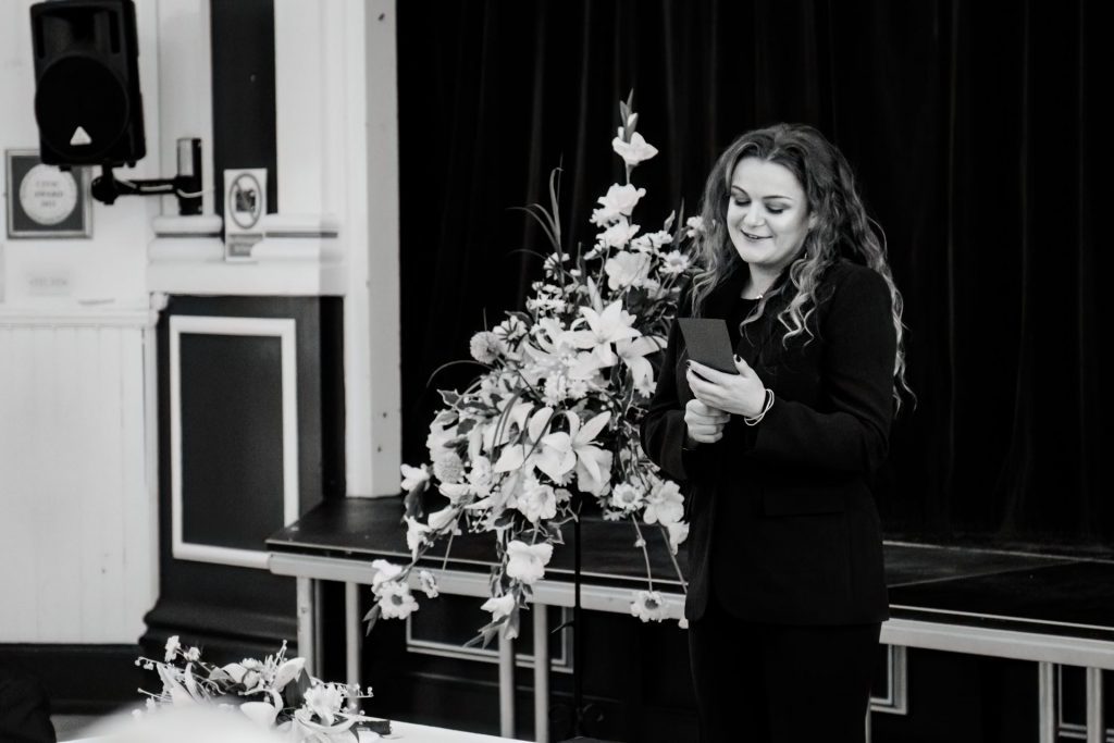 Wedding Ceremony of Esme & James at the Bakewell Town. Photo in black & white