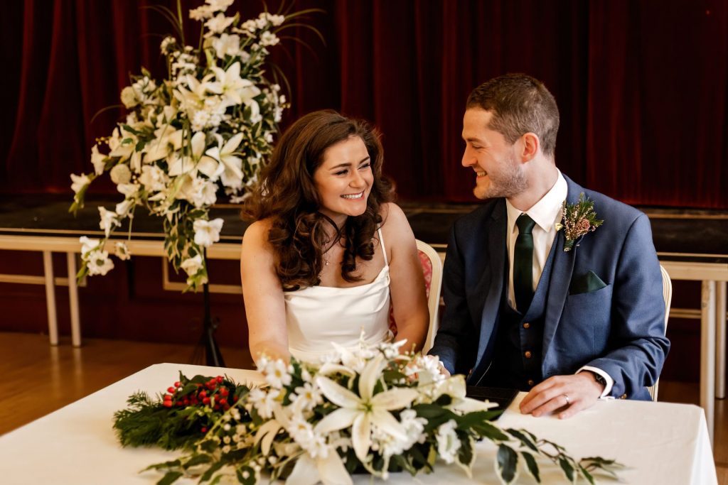 Wedding Ceremony of Esme & James at the Bakewell Town. Photo in colour