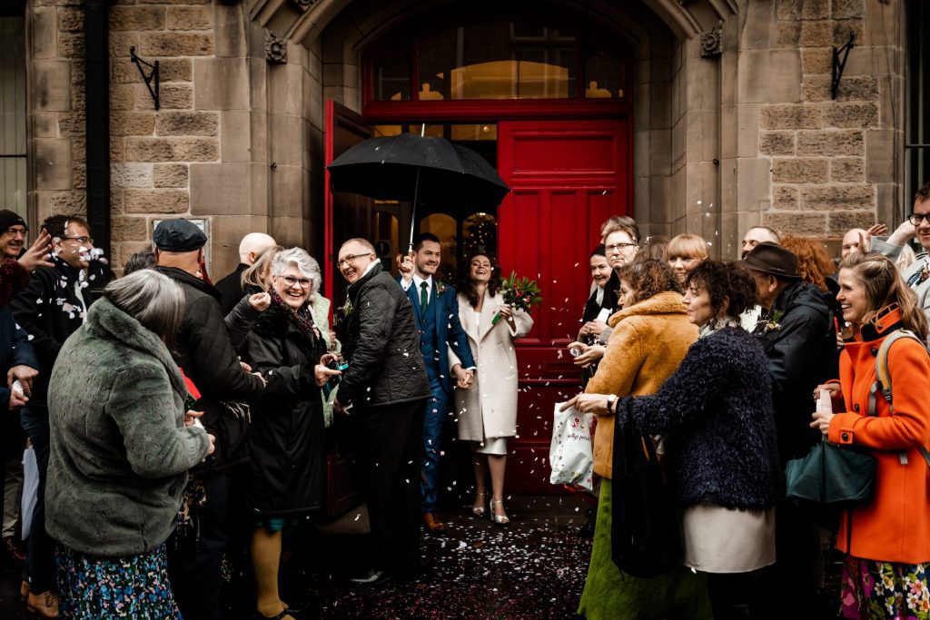 Confetti outside the Bakewell Town Hall. Photo in colour