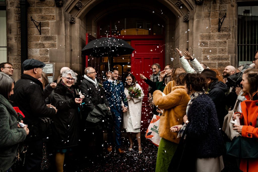 Confetti outside the Bakewell Town Hall. Photo in colour