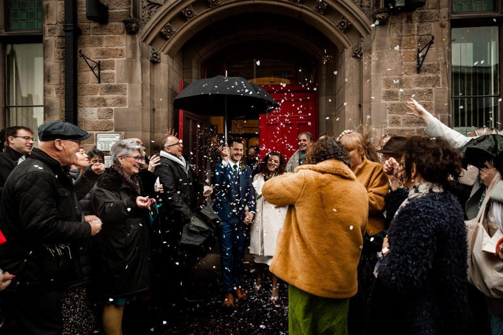 Confetti outside the Bakewell Town Hall. Photo in colour