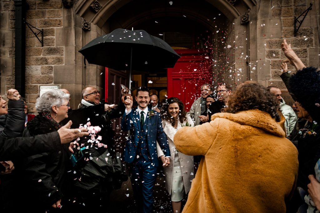 Confetti outside the Bakewell Town Hall. Photo in colour