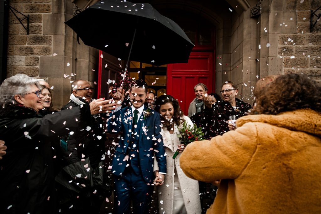Confetti outside the Bakewell Town Hall. Photo in colour