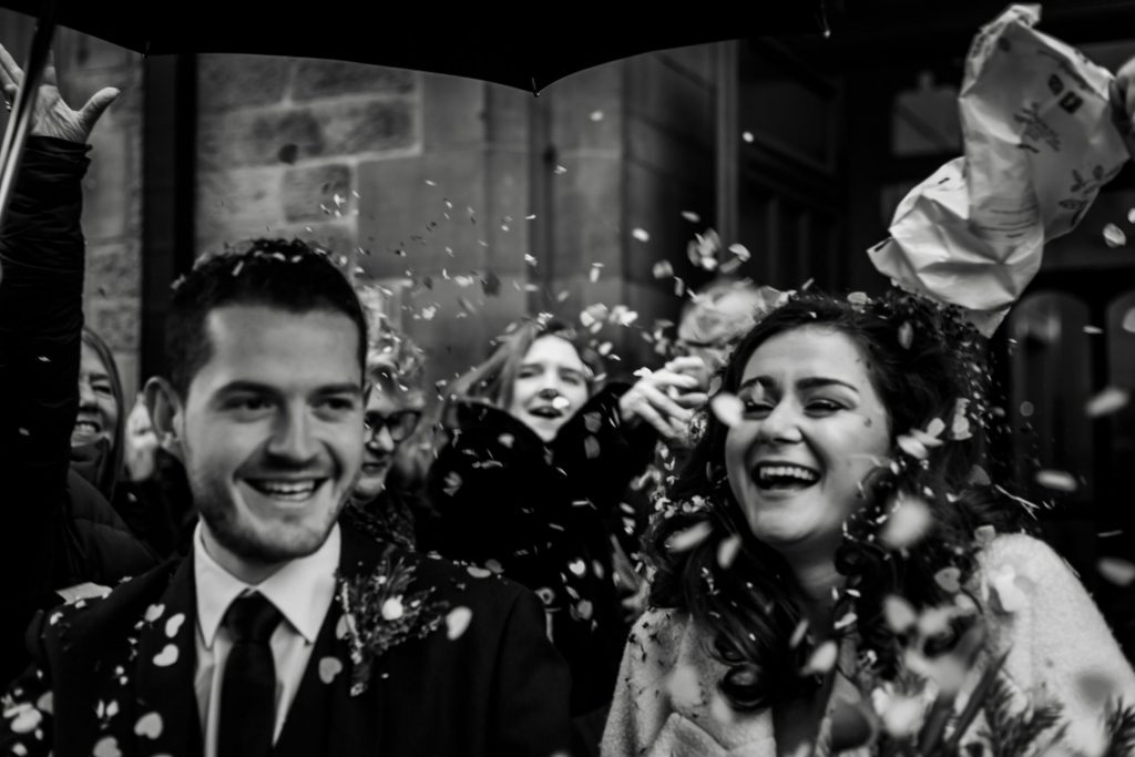 Confetti outside the Bakewell Town Hall. Photo in black & white