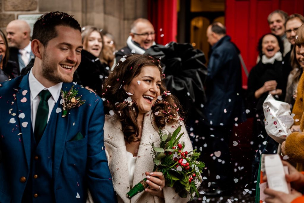 Confetti outside the Bakewell Town Hall. Photo in colour