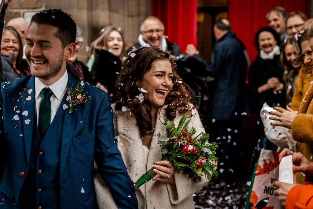 Confetti outside the Bakewell Town Hall. Photo in colour