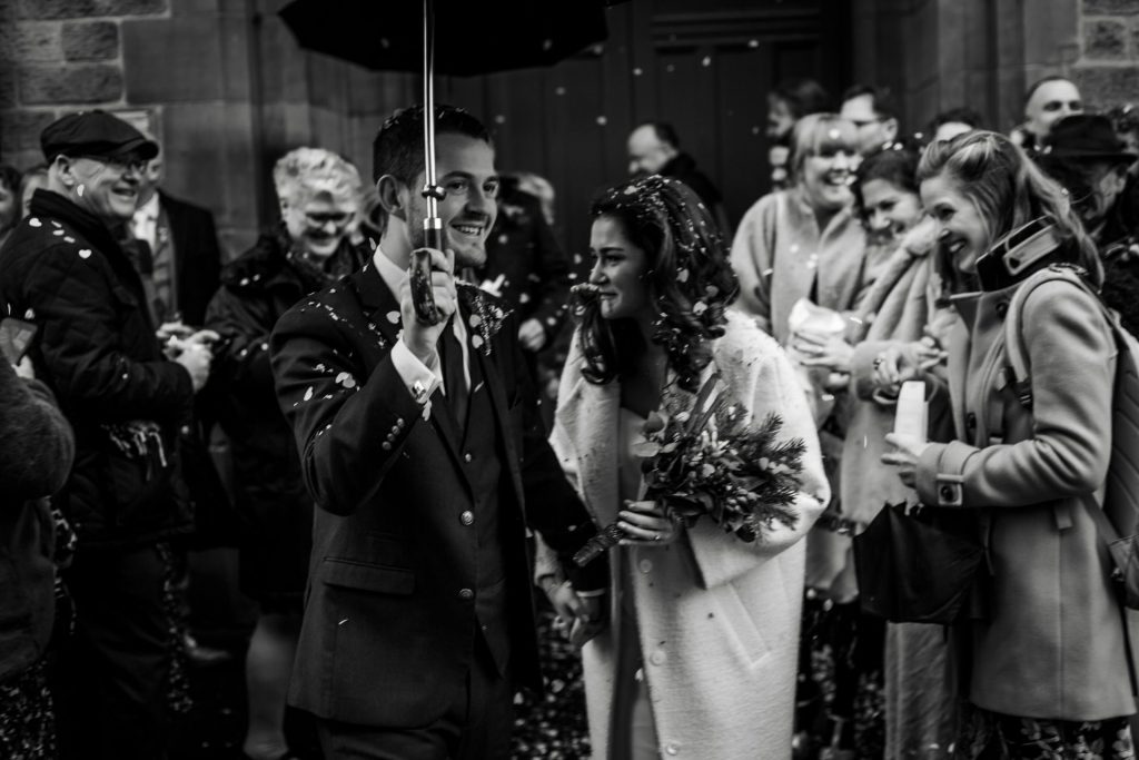 Confetti outside the Bakewell Town Hall. Photo in black & white