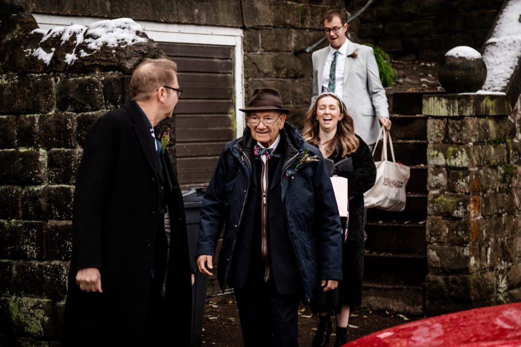 Candid Photo of wedding party before the wedding ceremony. Photo in colour