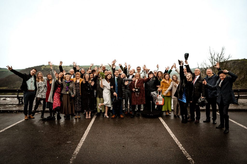 Group photo of the whole wedding party. Photo in colour