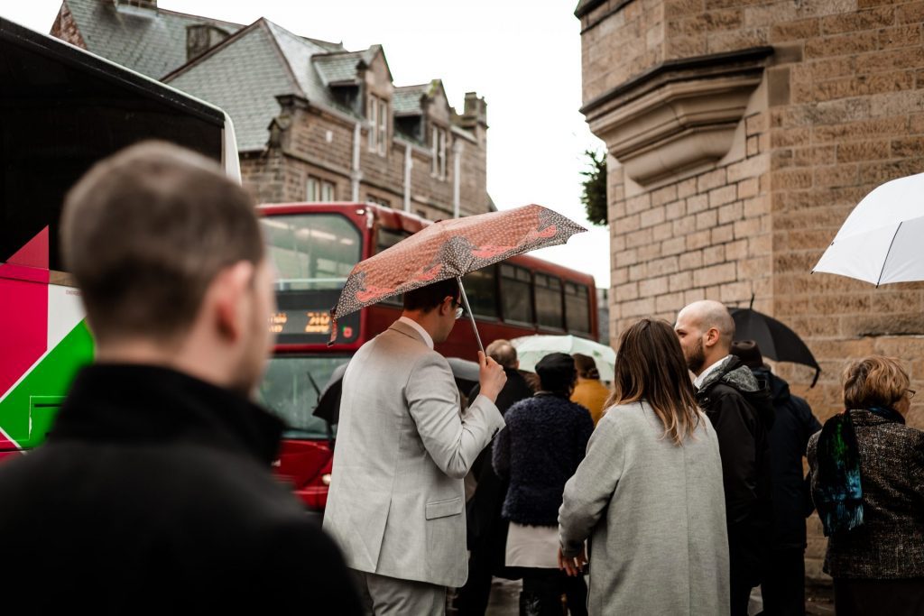 Candid Photo of wedding party before the wedding ceremony. Photo in colour