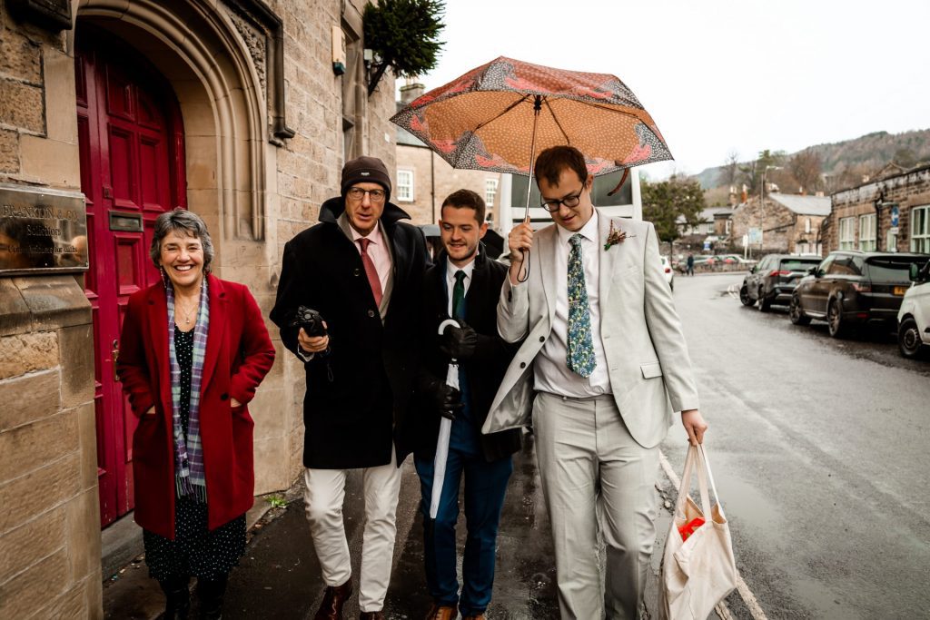 Candid Photo of wedding party before the wedding ceremony. Photo in colour