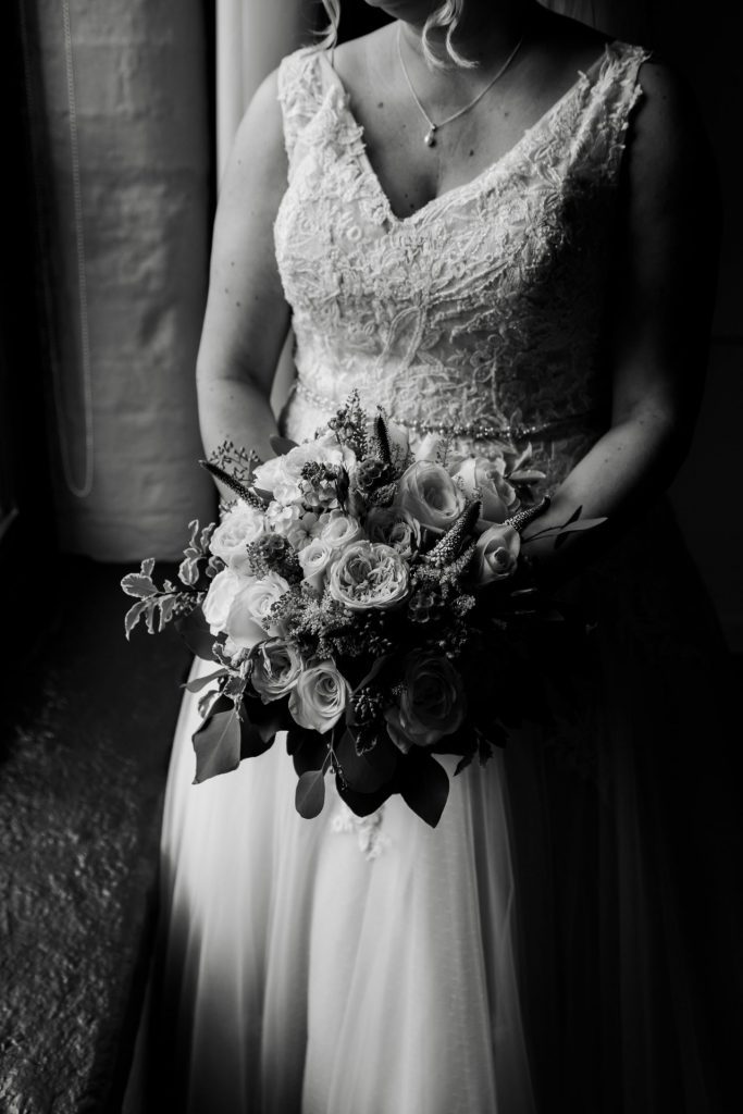 Close up photo of the bridal bouquet in black & white