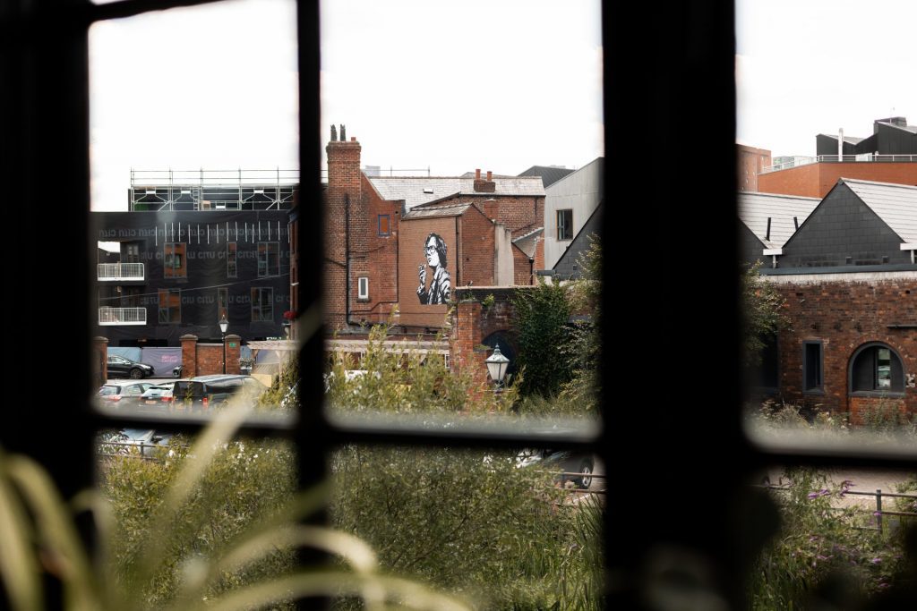 The view from The Chimney House wedding venue, Kelham Island, Sheffield. Featuring Jarvis Cocker graffiti. Isabelle B Photography