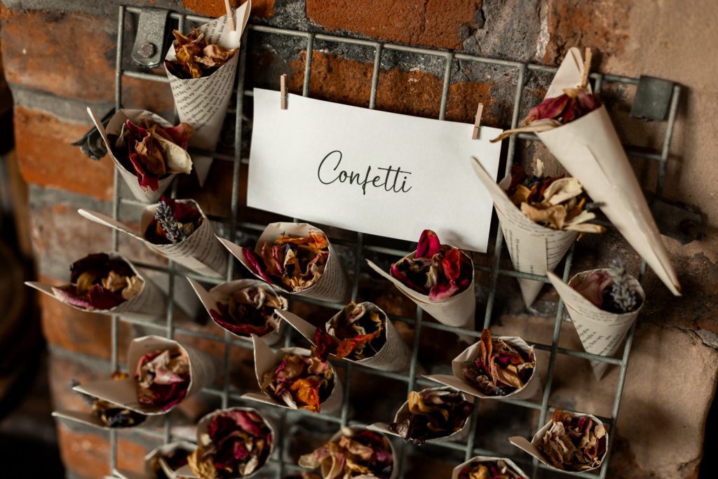 Close in shot of the dried confetti at The Chimney House wedding venue, Kelham Island, Sheffield. Isabelle B Photography