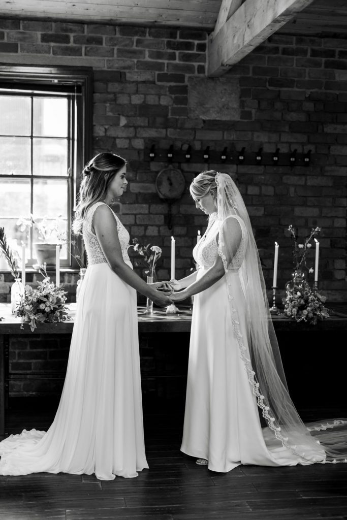 Wide shot of the wedding ceremony at The Chimney House wedding venue, Kelham Island, Sheffield. Isabelle B Photography