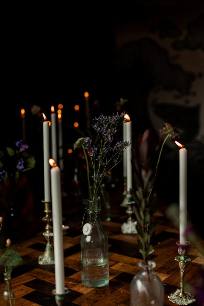 Detail shot of the candles & flowers at The Chimney House wedding venue, Kelham Island, Sheffield. Isabelle B Photography