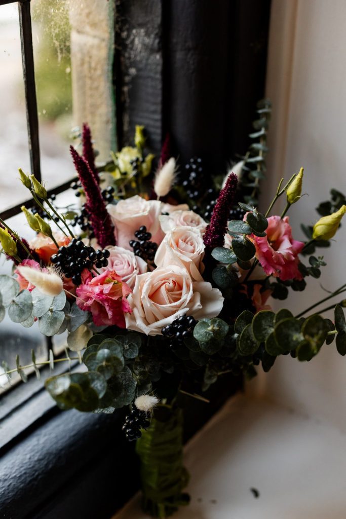 Close up of the fresh flower bouquet at Whirlowbrook Hall wedding venue - Isabelle B Photography